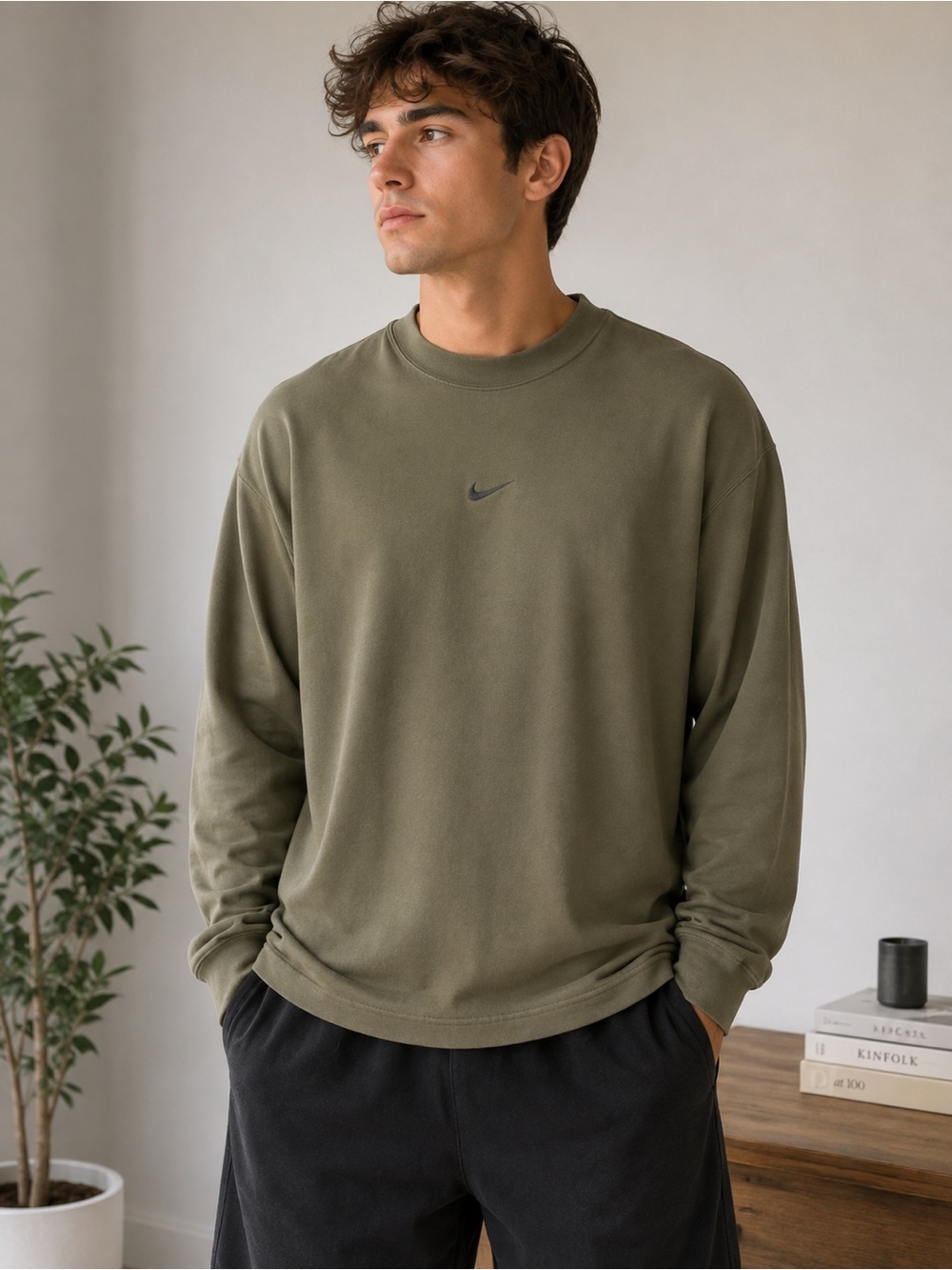 Nike Olive Mock Neck Long Sleeve Utility Shirt XL Mini Swoosh